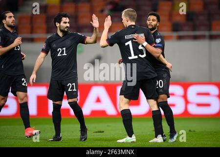 Giubilazione su 0-1: Da sinistra a destra Emre Can, Ilkay Guendogan, Lukas Klostermann, Serge Gnabry (Germania) GES/Football/WM-Qualifikation: Rumaenien - Germania, 03/28/2021 Calcio: Partita di qualificazione Coppa del mondo: Romania vs Germania, Bucarest, Romania, 28 marzo 2021 | utilizzo in tutto il mondo Foto Stock