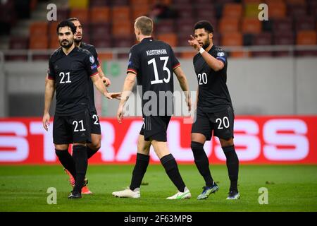 Giubilazione su 0-1: Da sinistra a destra Emre Can, Ilkay Guendogan, Lukas Klostermann, Serge Gnabry (Germania) GES/Football/WM-Qualifikation: Rumaenien - Germania, 03/28/2021 Calcio: Partita di qualificazione Coppa del mondo: Romania vs Germania, Bucarest, Romania, 28 marzo 2021 | utilizzo in tutto il mondo Foto Stock