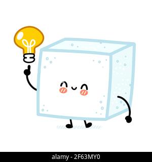 Simpatico simpatico pezzo di zucchero felice carattere cubo con idea lampadina. Icona di illustrazione del carattere kawaii della cartoon vettoriale a linea piatta. Isolato su sfondo bianco. Concetto di carattere cubico di zucchero Illustrazione Vettoriale