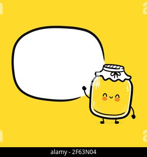 Carino divertente kombucha jar personaggio con bolla del parlato. Icona di illustrazione del carattere kawaii della cartoon vettoriale a linea piatta. Kombucha Jar Character Concept Illustrazione Vettoriale