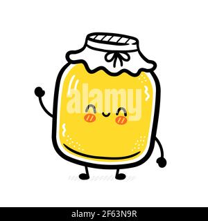 Carino divertente kombucha jar carattere. Icona di illustrazione del carattere kawaii della cartoon vettoriale a linea piatta. Isolato su sfondo bianco. Kombucha Jar Character Concept Illustrazione Vettoriale
