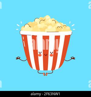 Simpatico divertente popcorn meditare in posa yoga. Icona raffigurante il carattere kawaii del fumetto disegnato a mano del vettore. Isolato su sfondo bianco. Concetto di meditare popcorn Illustrazione Vettoriale