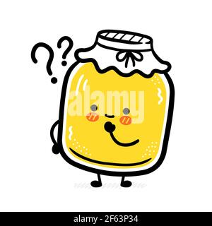 Carino divertente kombucha jar personaggio con punto interrogativo. Icona di illustrazione del carattere kawaii della cartoon vettoriale a linea piatta. Isolato su sfondo bianco. Kombucha Jar Character Concept Illustrazione Vettoriale