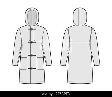 Duffle cappotto illustrazione tecnica moda con cappuccio, maniche lunghe, oversize, lunghezza ginocchio, tasche patch, attiva/disattiva. Mascherina piatta frontale, posteriore, colore grigio. Donne, uomini, unisex top CAD mockup Illustrazione Vettoriale