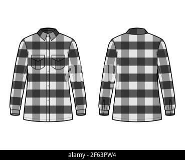 Giacca in legno illustrazione tecnica della moda con motivo Buffalo Check, tasche con patta, chiusura a bottoni, colletto classico, maniche lunghe. Abbigliamento piatto, anteriore, posteriore, grigio. Donne, unisex CAD mockup Illustrazione Vettoriale