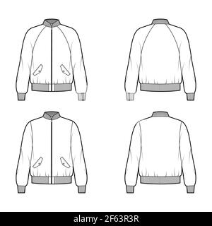 Set di giacche Bomber zip-up illustrazione tecnica moda con collare da baseball Rib, polsini, oversize, maniche lunghe raglan, tasche con patta. Dima per cappotto piatto anteriore, colore bianco sul retro. Donne uomo top CAD Illustrazione Vettoriale