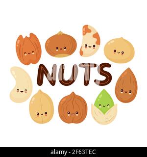 Carino banner happy Nuts. Disegno di icone di illustrazione del carattere del fumetto piatto vettoriale. Isolato su sfondo bianco. Nocciole naturali, nocciole, noci brasiliane, pistacchio, anacardi, noci pecan, mandorle Illustrazione Vettoriale