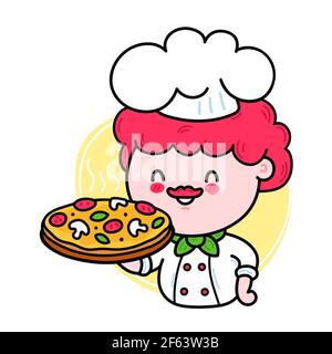 Simpatico cuoco cuoco divertente tenere carattere pizza. Icona raffigurante il carattere kawaii del fumetto disegnato a mano del vettore. Isolato su sfondo bianco. Carino kawaii cuoco carattere con concetto di pizza logo Illustrazione Vettoriale