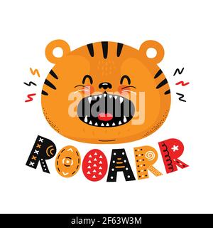 Carino tigre divertente. Citazione ruggita. Icona vettoriale di illustrazione del carattere cartoon in stile scandinavo. Isolato su sfondo bianco. Stampa nursery carattere Tiger per bambini t-shirt, carta, poster concetto Illustrazione Vettoriale