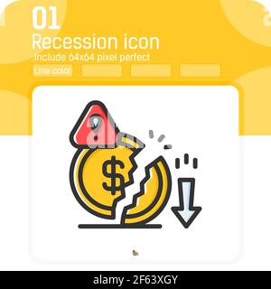 Icona Riduci denaro con stile colore contorno isolato su sfondo bianco. Immagine grafica recessione, simbolo di business svantaggio per ui, ux, w Illustrazione Vettoriale