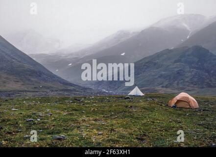 Tende da backpacking nelle montagne alpine rivestite di tundra di Gates del Parco Nazionale Artico, Brooks Range, Alaska, USA Foto Stock