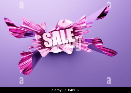 Illustrazione 3d Bright iscrizione VENDITA in volumetrica bella carta rosa su sfondo rosa isolato. Sconto vendita Gloss lettering illustrati Foto Stock