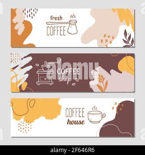 Modello per striscioni disegnati a mano con macchina per caffè e macinacaffè Stile di schizzo Doodle. Illustrazione vettoriale per bar, caffè, banner ristorante, volantino, brochure con sfondo astratto. Illustrazione Vettoriale