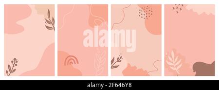 Set di social media, post instagram, modello di storia con astratto, floreale, forma di pianta. Illustrazione dello stile di schizzo per sfondo estetico, modello poster. Colore pastello in toni marroni. Illustrazione Vettoriale