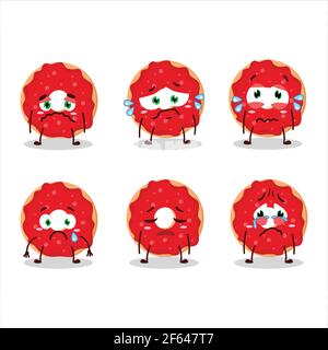 Raspberry donut personaggio cartoon con triste espressione Illustrazione Vettoriale