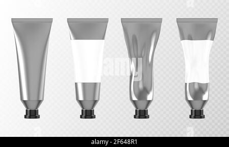 Tubo in metallo per crema o vernici per la vista frontale 3d mockup, confezione in alluminio o argento con etichetta vuota e tappo nero. Prodotto cosmetico completo, usato, collante o dentifricio, vettore realistico Illustrazione Vettoriale