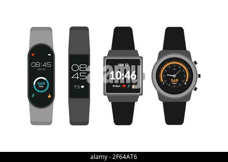 Tecnologia indossabile, collezione di orologi intelligenti, tracker di attività fitness Illustrazione Vettoriale