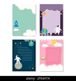 foglio di nota carino con astronauta nello spazio con il pianeta e. Stelle isolate su sfondo bianco.disegno vettoriale Illustrazione Vettoriale