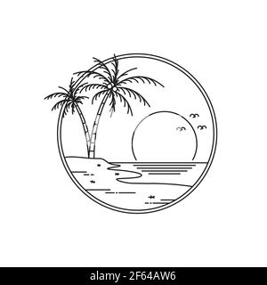 logo design tramonto su isola tropicale spiaggia. isola tropicale monolina design isolato su sfondo bianco Illustrazione Vettoriale