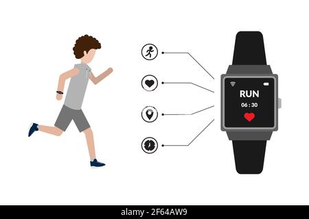 Orologio intelligente con tecnologia indossabile e illustrazione vettoriale uomo in marcia Illustrazione Vettoriale
