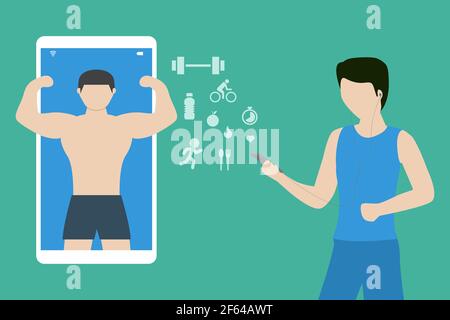 illustrazione vettoriale del fitness online dell'uomo con lo smartphone Illustrazione Vettoriale