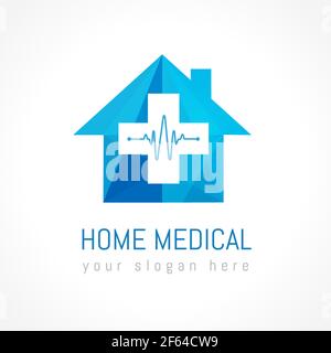 Concetto di logotipo medico domestico. Casa di colore blu in carta vetrata, croce, traccia a impulsi. Schema creativo del centro farmaceutico. Heartbeat di assistenza sanitaria Illustrazione Vettoriale