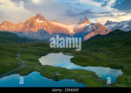 Vista aerea di Wetterhorn, Schreckhorn, Finsteraarhorn dal lago di Bachalpsee al tramonto, Oberland Bernese, Svizzera Foto Stock