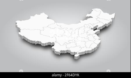 Mappa 3D di Cina e provincia con ombra su sfondo grigio sfumato . Vista prospettica . Vettore . Illustrazione Vettoriale