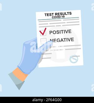 Forma con i risultati del test per il coronavirus da un laboratorio medico in mano a un medico. Diagnosi del coronavirus mediante sangue proveniente da una provetta. Test Illustrazione Vettoriale
