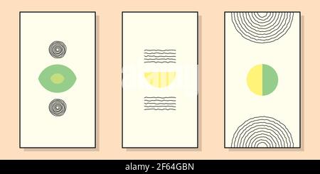 Set astratto creativo minimo per la decorazione delle pareti, come disegno di cartolina o di brochure, illustrazione vettoriale. Illustrazione Vettoriale