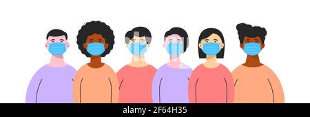 Gruppo di persone diverse che indossano maschere mediche isolate su sfondo bianco. Protezione del coronavirus, misure di prevenzione delle pandemie. COVID-19 Illustrazione Vettoriale