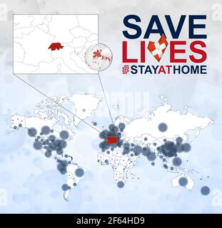 Mappa mondiale con i casi di Coronavirus si concentra sulla Svizzera, COVID-19 malattia in Svizzera. Slogan salvare vive con bandiera della Svizzera. Modello vettore Illustrazione Vettoriale