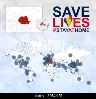 Mappa mondiale con casi di Coronavirus concentrarsi sulla Romania, COVID-19 malattia in Romania. Slogan salvare vive con la bandiera della Romania. Modello vettore. Illustrazione Vettoriale