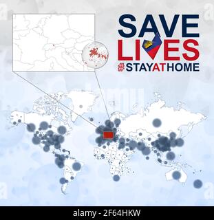 Mappa del mondo con i casi di Coronavirus si concentra sul Liechtenstein, COVID-19 malattia in Liechtenstein. Slogan salvare vive con bandiera del Liechtenstein. Vettore te Illustrazione Vettoriale