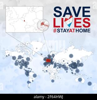 Mappa mondiale con casi di Coronavirus concentrarsi sul Lussemburgo, COVID-19 malattia in Lussemburgo. Slogan Save vive con bandiera del Lussemburgo. Modello vettore. Illustrazione Vettoriale