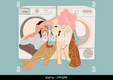 Una donna sorridente che gioca con il cane e vestiti colorati vicino alla lavatrice e asciugatrice. Casalinga che fa la routine. Stile piatto. Illustrazione vettoriale Illustrazione Vettoriale