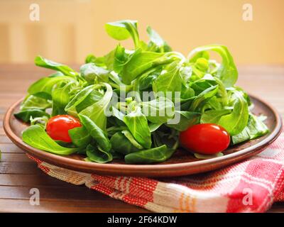 Ciotola in legno con insalata di mais, lattuga di agnello e pomodori ciliegini Foto Stock