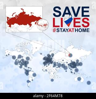 Mappa del mondo con i casi di Coronavirus concentrarsi sulla Russia, COVID-19 malattia in Russia. Slogan salvare vive con la bandiera della Russia. Modello vettore. Illustrazione Vettoriale