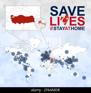 Mappa del mondo con i casi di Coronavirus concentrarsi sulla Turchia, COVID-19 malattia in Turchia. Slogan salvare vive con la bandiera della Turchia. Modello vettore. Illustrazione Vettoriale