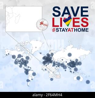 Mappa del mondo con i casi di Coronavirus concentrarsi su Mauritius, COVID-19 malattia a Mauritius. Slogan salvare vive con bandiera di Mauritius. Modello vettore. Illustrazione Vettoriale