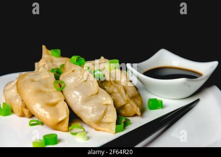 Gnocchi tradizionali giapponesi di gyoza con salsa di soia e trichetti Foto Stock