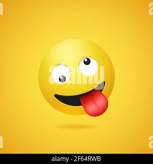 Emoticon pazzo sorridente felice con lingua bloccata fuori su sfondo gradiente giallo. Vettore divertente icona Emoji cartoon giallo. Illustrazione 3D per la chat o. Illustrazione Vettoriale