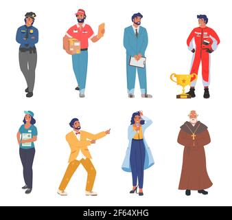 Persone di diverse professioni e professioni, lavoratori in uniforme, cartoni animati, flat vettoriale illustrazione. Illustrazione Vettoriale