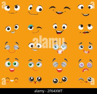Emoji carino cartoon set di caratteri, illustrazione vettoriale. Emoticon comico con espressioni facciali tristi, felici e pazzi. Illustrazione Vettoriale