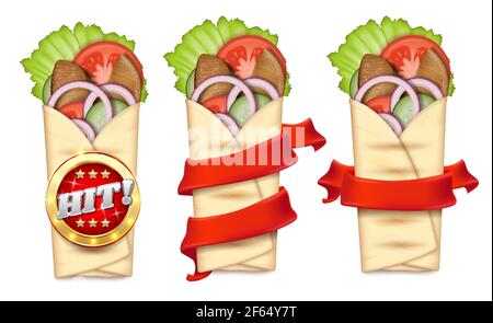 Set di modelli di banner promo Shawarma, illustrazione vettoriale. Fast food turco. Pane pita realistico con carne, insalata. Illustrazione Vettoriale