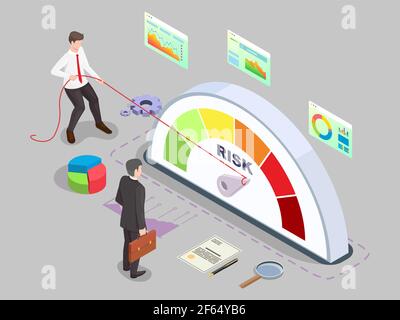 Indicatore di rischio di rotazione isometrico uomo d'affari freccia indietro con corda, illustrazione vettoriale piatta. Gestione efficace dei rischi. Illustrazione Vettoriale