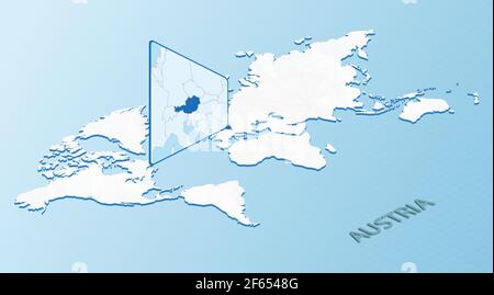 Mappa del mondo in stile isometrico con mappa dettagliata dell'Austria. Mappa dell'Austria in azzurro con mappa del mondo astratta. Illustrazione vettoriale. Illustrazione Vettoriale