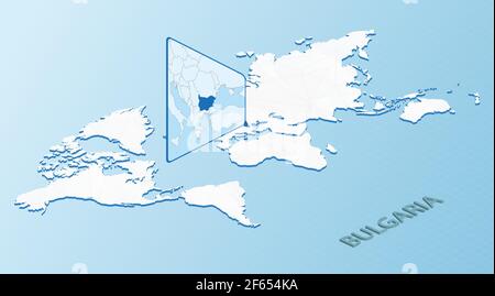 Mappa del mondo in stile isometrico con mappa dettagliata della Bulgaria. Mappa della Bulgaria azzurra con mappa del mondo astratta. Illustrazione vettoriale. Illustrazione Vettoriale