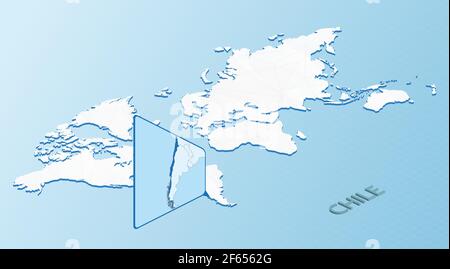 Mappa del mondo in stile isometrico con mappa dettagliata del Cile. Mappa del Cile azzurro con mappa del mondo astratta. Illustrazione vettoriale. Illustrazione Vettoriale