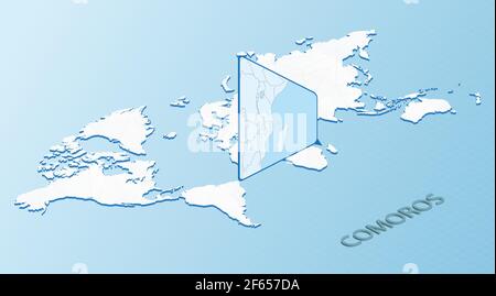 Mappa del mondo in stile isometrico con mappa dettagliata delle Comore. Mappa blu chiaro delle Comore con mappa astratta del mondo. Illustrazione vettoriale. Illustrazione Vettoriale